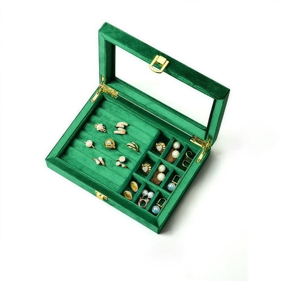 TAIMY Jewelry Box with Glass Lid and Velvet Interior – Elegant Display Case Organizer for Rings, Earrings, Necklaces, Perfect Storage Box for Women & Teens