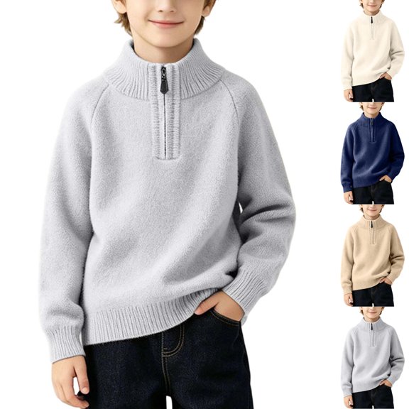Husipze Boys Quarter Zipper Mock Neck Sweater Knit Pullover with Ribbed Cuffs and Hem Soft Long Sleeve Top for Fall Winter and School Gray 1-2 Years