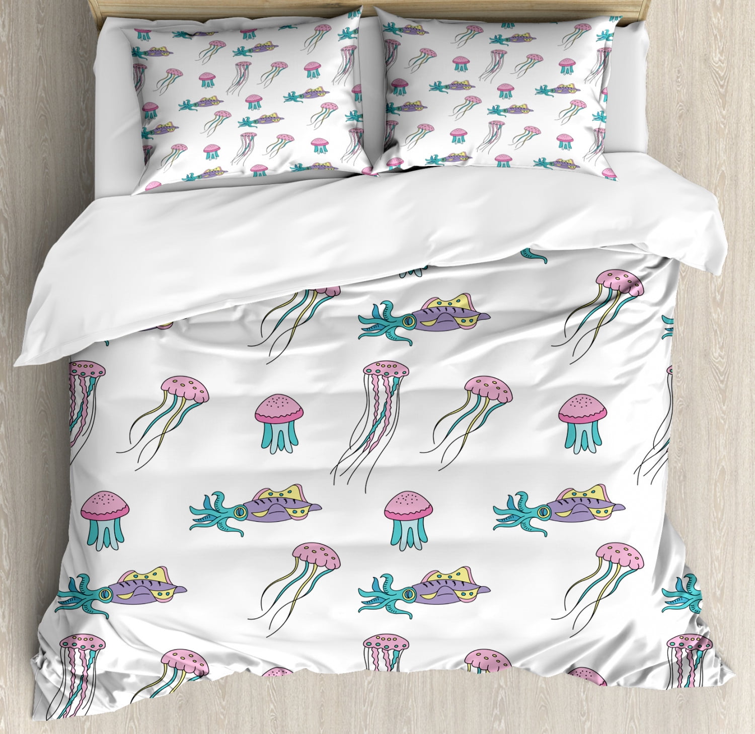 Aqua Jellyfish Duvet Cover Set King Size, Cartoon Style Childish Layout