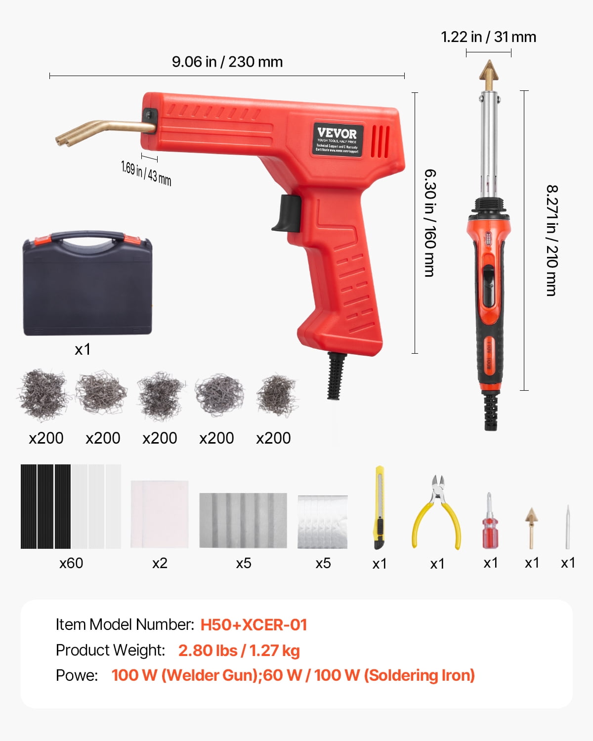 VEVOR Plastic Welder Kit Deluxe,100W Plastic Welding Gun + 60 W/100W Soldering Iron,Professional Plastic Repair Welding Tool with 1000PCS Hot Staples & 60 Rods for Car Bumper Kayak Electronics Toys