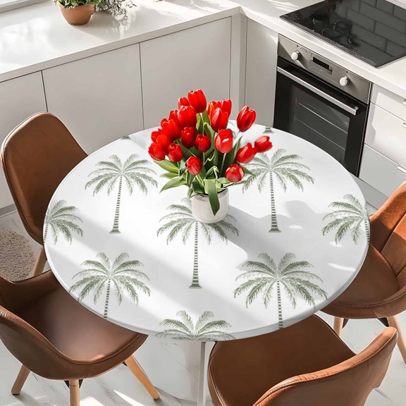 Summer Tropical Botanical Elastic Fitted Round Tablecloth Coastal Palm Trees Sage Green Waterproof Outdoor Table Cover for Holiday Party, Picnic, Patio & Dining Fits Tables Up to 45"-54"