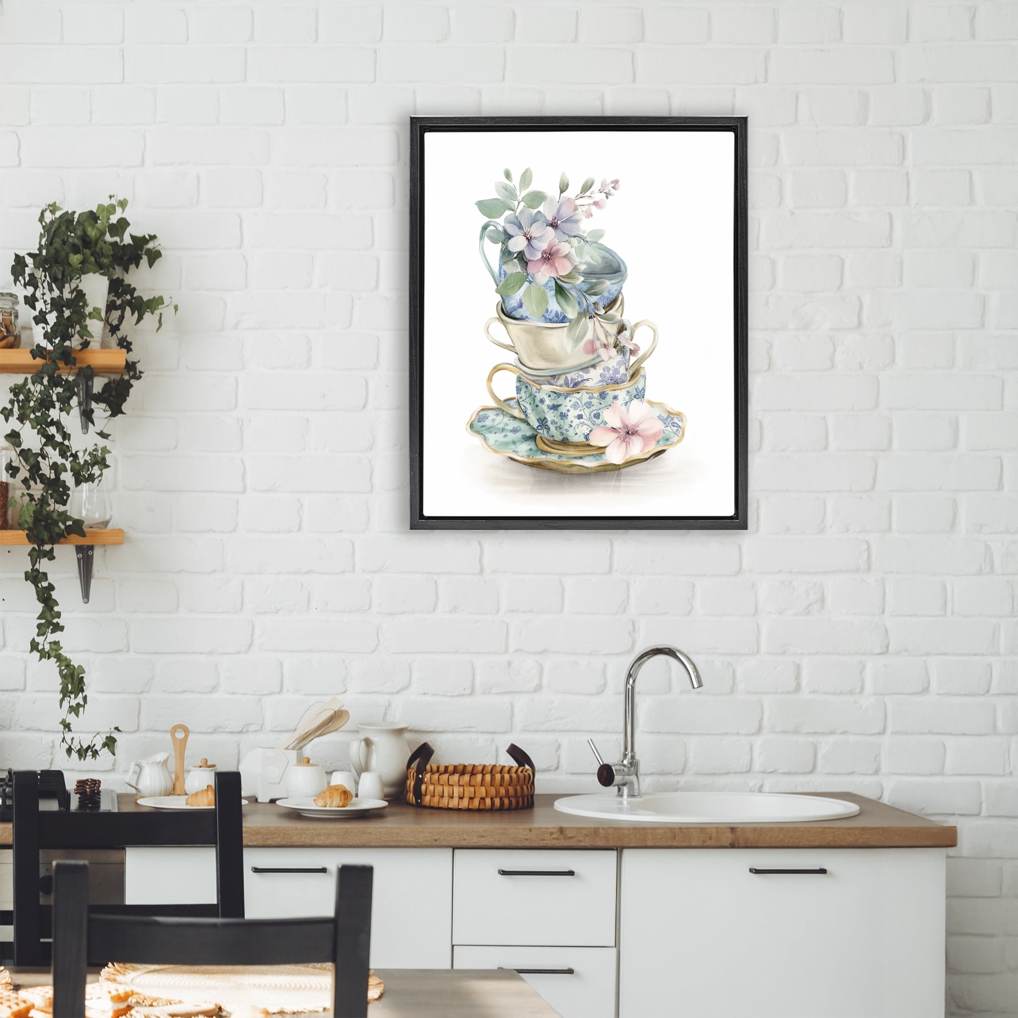 Stupell Industries Floral Teacup Chinoiserie Black Framed Floater Canvas Wall Art, design by Kim Allen