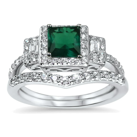 LaRaso & Co Princess Cut Sterling Silver Emerald Green CZ Wedding Engagement Ring Set Size 7