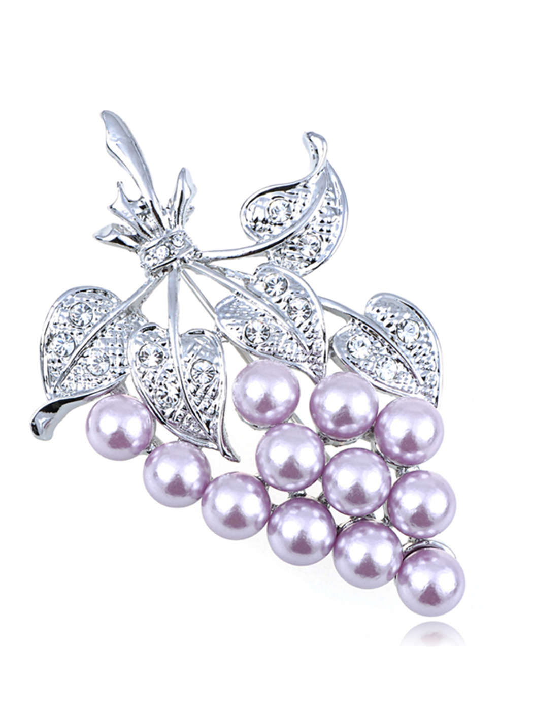 Silvertone Rhinestone & Faux Pearl Grape Bunch Brooch - Elegant Crystal Leaf Design, Approx. 2 Inches, For Jackets & Blazers