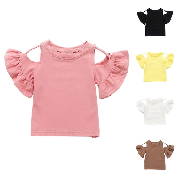 Lovzfmll Girls' Cold Shoulder Ruffle Top, Solid Color Bell Sleeve Casual Blouse, Summer Fashion Play Shirt for Newborn 6-12 Months