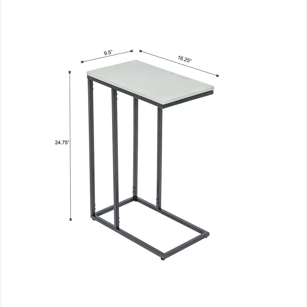 C-Shaped Side End Table with White Marble Top & Black Metal Frame, 16.25×9.5×24.75 Inch Slide Under Sofa Drink Table for Living Room