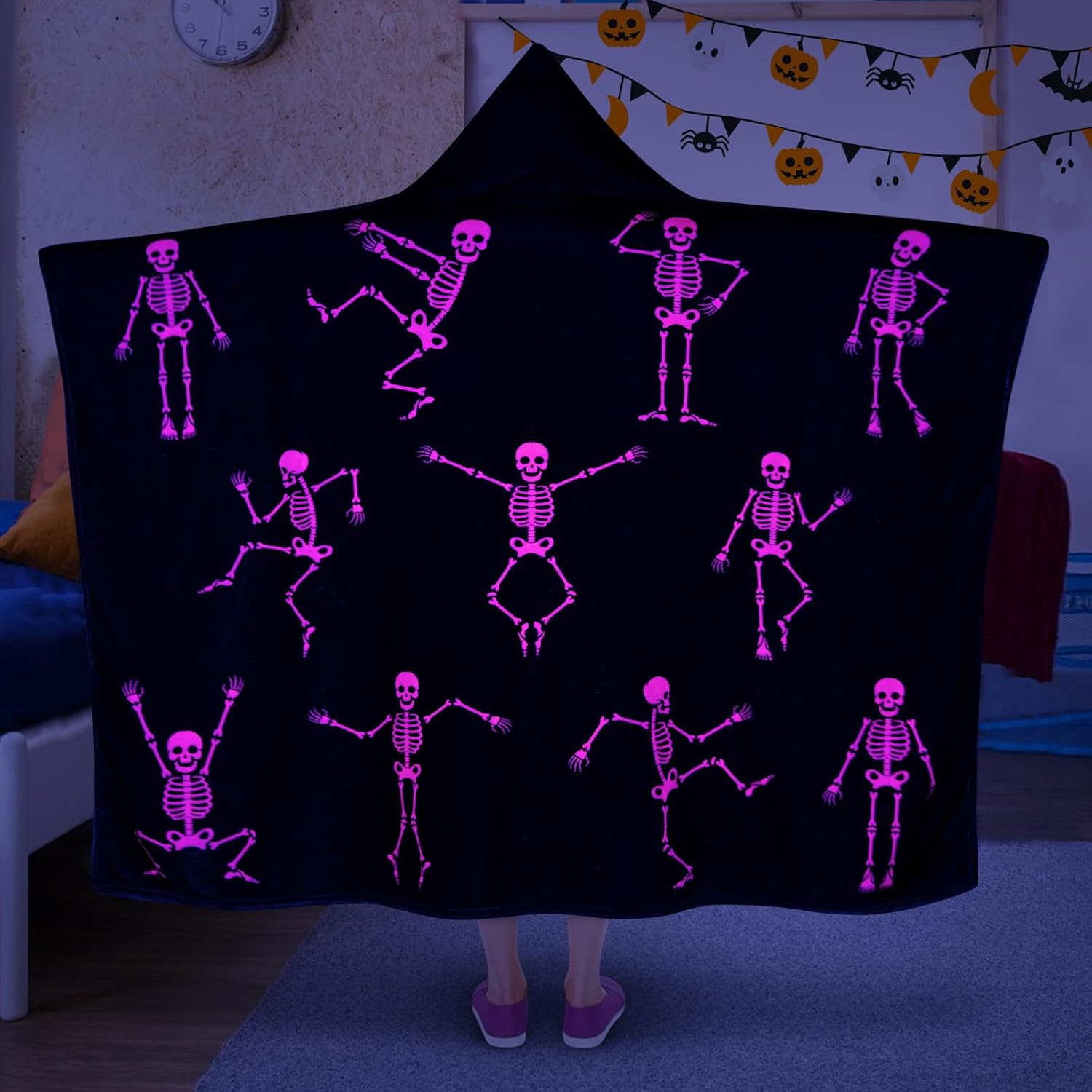 Halloween Wearable Blanket Hoodie Blacklight Skeleton Dance Hoodie Blanket with Hand Pockets, Funny Skull Soft Flannel Adult Hooded Blanket for Women and Men, 50 X 60 Inches (Black)
