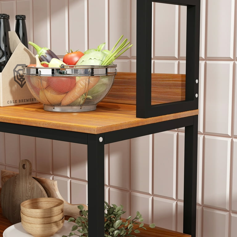 FUFU&GAGA Black 5-Tiers Standing Baker's Racks with Wood Table Utility Storage Shelf Kitchen Organizer Rack