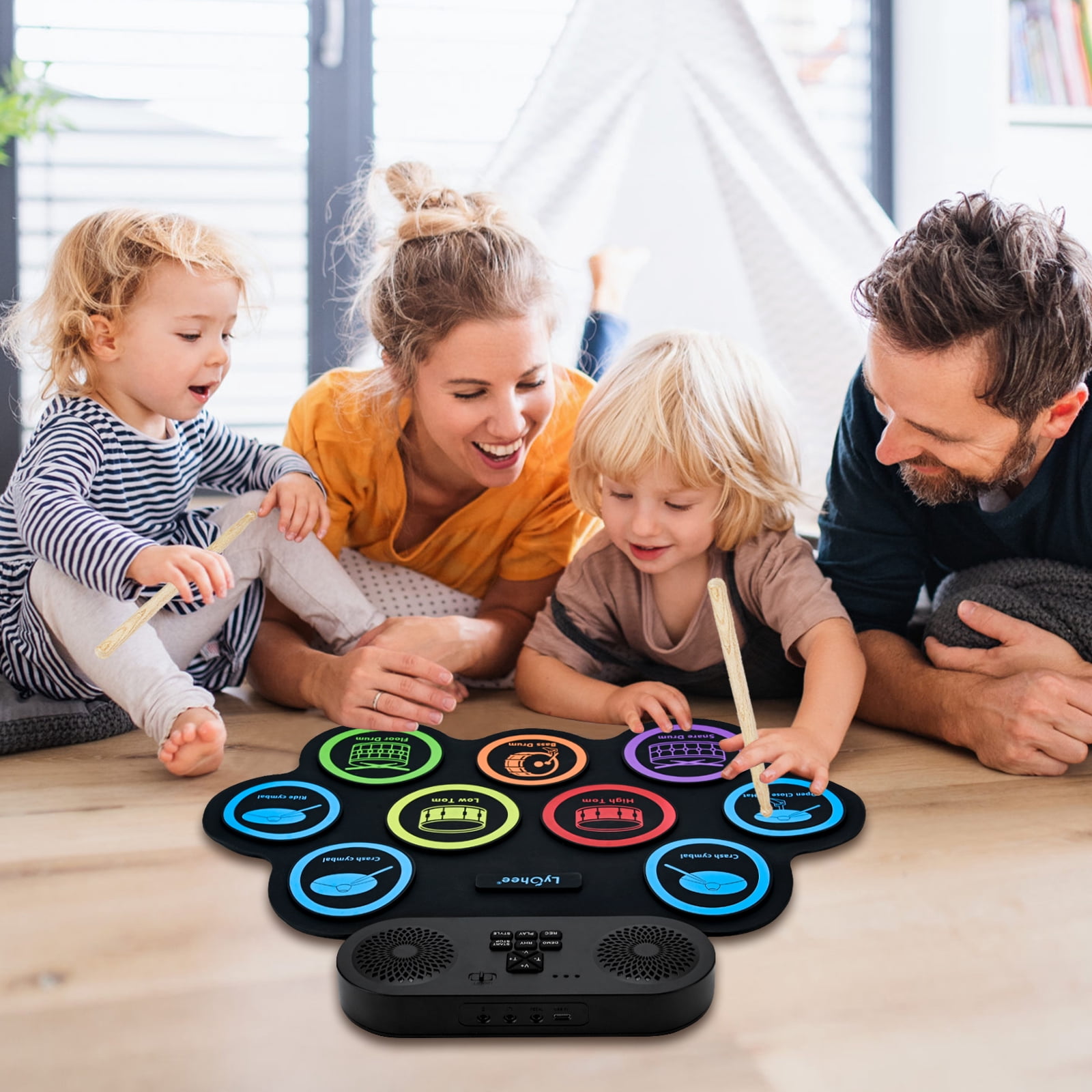 Lychee Electronic Drum Set with Headphone Jack, 9 Stereo Roll-up Drum Practice Pad, Built-in Speaker Drum Pedals Sticks Support External Connection, Great Holiday Xmas Birthday Gift for Kids