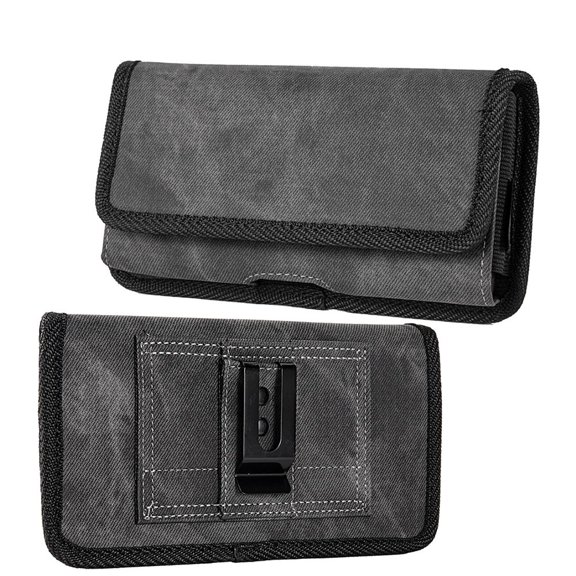 Luxmo Belt Holster Case for TCL 30 V 5G - Horizontal Rugged Denim Fabric Nylon [3 Card Slots] Phone Carrying Pouch (Fits with Cases) - Dark Grey/Black
