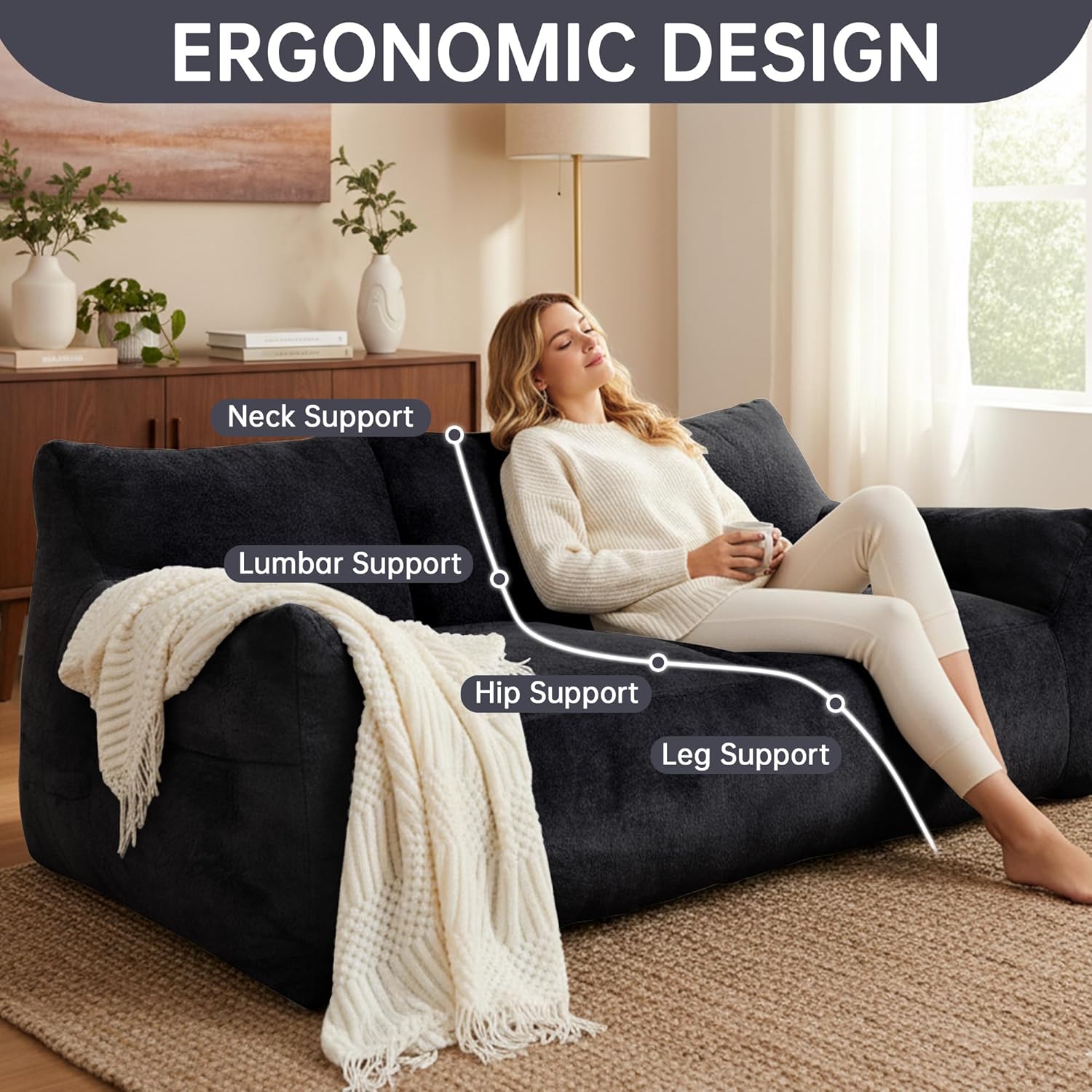 LinkRomat Faux Fur Loveseat, Oversized 2-Seater Sofa with High-Density Foam, for Living Room & Bedroom, No Assembly Required, Black
