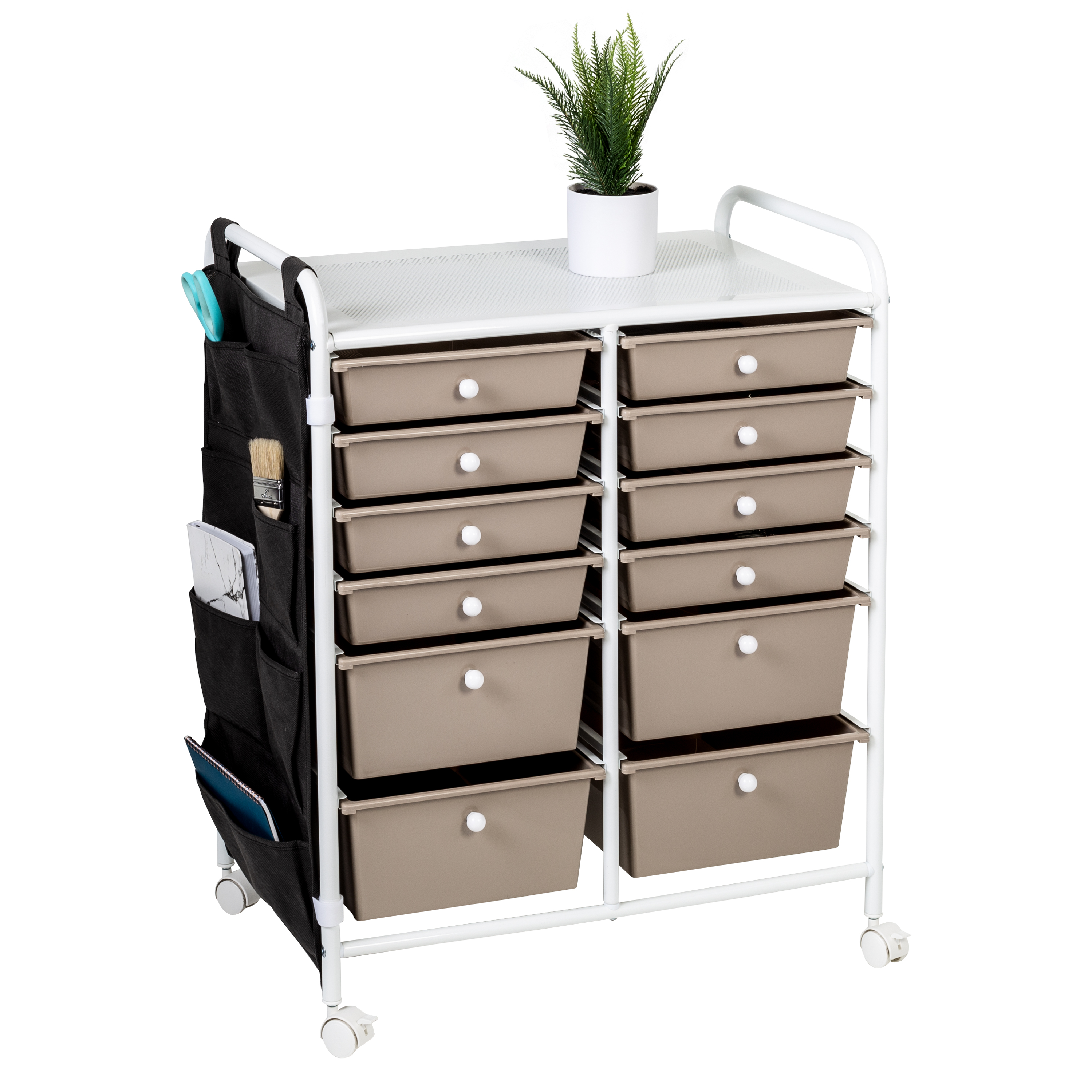 Honey-Can-Do 12-Drawer Metal Rolling Storage Cart with Black Fabric Side Pockets, Beige/White - image 2 of 13