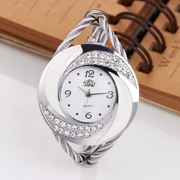 Silver Crescent Crystal Bangle Watch with White Dial, Classic Women’s Quartz Bracelet Watch