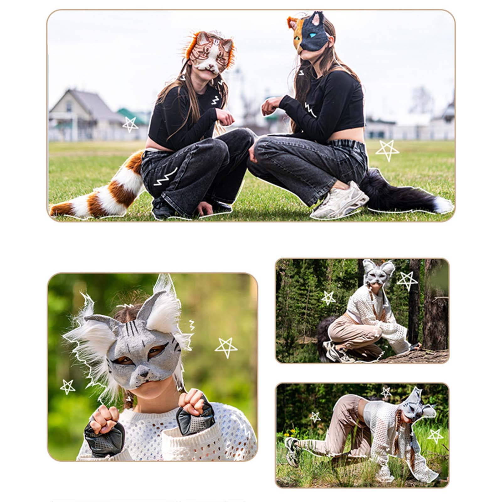 Zawus 6Pcs DIY Therian Mask Kit,Cat Masque DIY Set Paper Cat Masque with Eye Mesh Fur Unfinished Cat Masque for Kids Adults DIY Painting