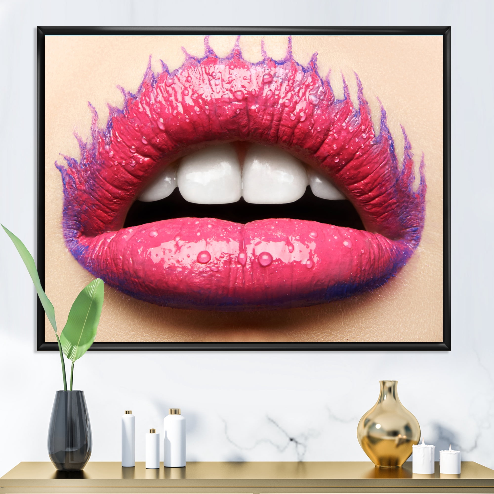 Designart 'Beautiful Woman Lips With Pink Lipstick' Modern Framed Canvas Wall Art Print