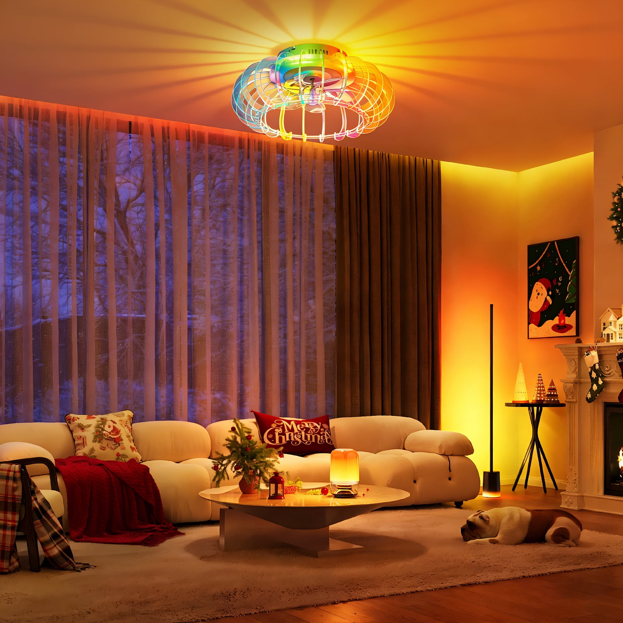 21" Low Profile Bladeless Ceiling Fan with Lights Dimmable LED Enclosed Ceiling Fans with Light and Remote 6 Wind Speeds Reversible Ceiling Fan with Bluetooth Speaker for Kids Room Bedroom Party