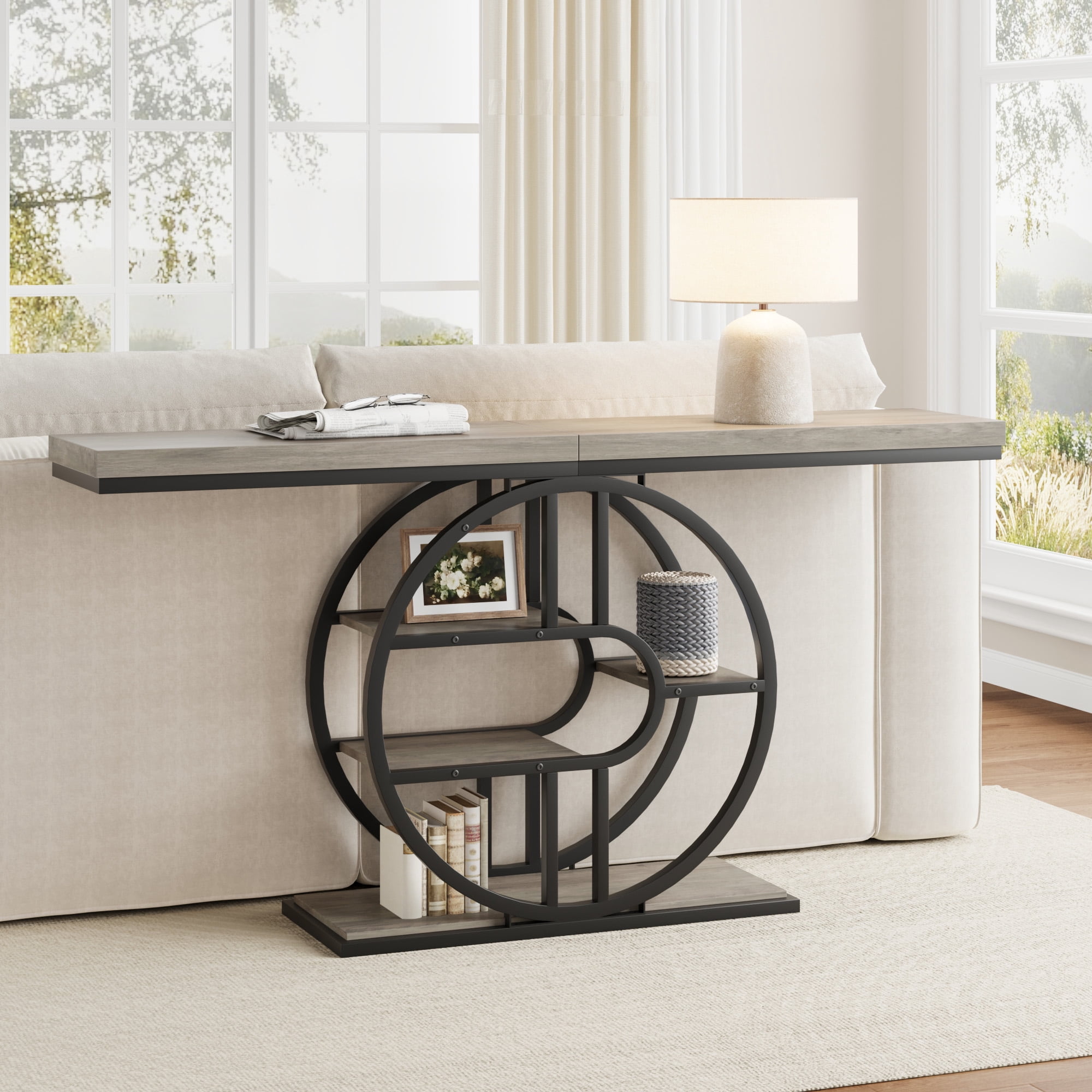 Console Table 55 Inch, Sofa Table with 3-Tier Storage Shelves and O-Shaped Metal Frame, Narrow Entryway Table for Dining Room, Hallway & Living Room