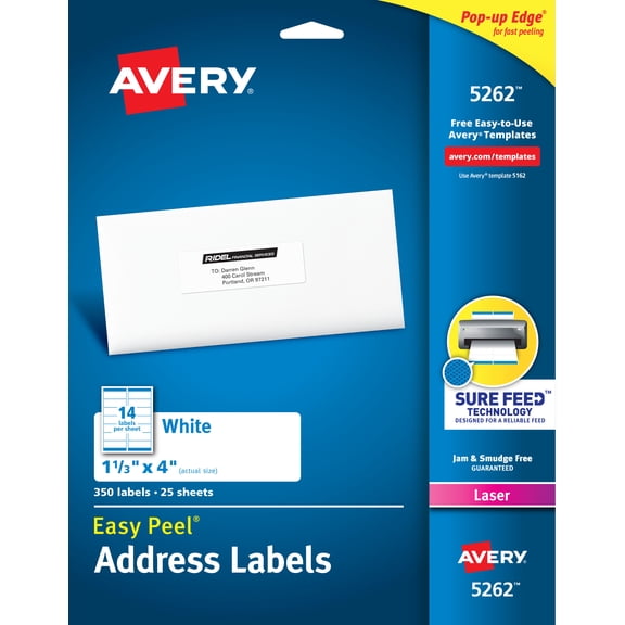 Avery Easy Peel Address Labels, 1-1/3" x 4", 350 Labels (5262)