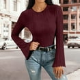 thumbnail image 2 of Lenpel Women's Lightweight Sweaters Trendy Crew Neck Ribbed Knit Bell Long Sleeve Shirts Soft Casual Blouses(Wine,X-Large), 2 of 5