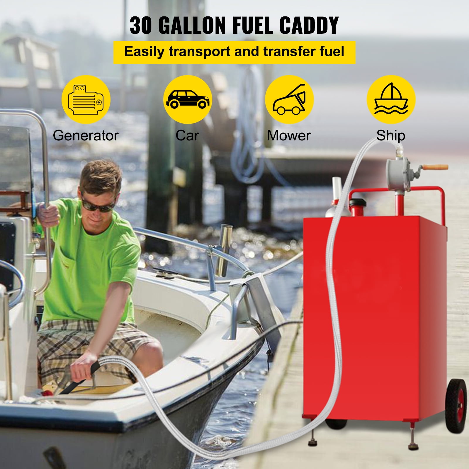 KFFKFF 30 Gallon Fuel Storage, Mobile Fuel Tank on Dual Wheels, Compact Gas Caddy with Manual Pump, Petrol Diesel Storage Unit for Vehicles, Lawn Equipment, ATVs, Marine Vessels, and More, in Red