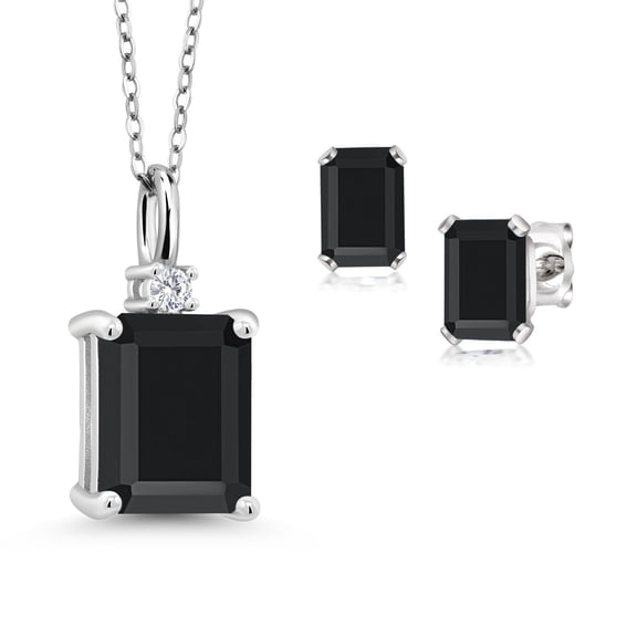 925 Sterling Silver Black Onyx and White Lab Grown Diamond Pendant and Earrings Jewelry Set for Women (4.29 Cttw, Gemstone December Birthstone, Emerald Cut 10X8MM and 6X4MM, with 18 inch Chain)
