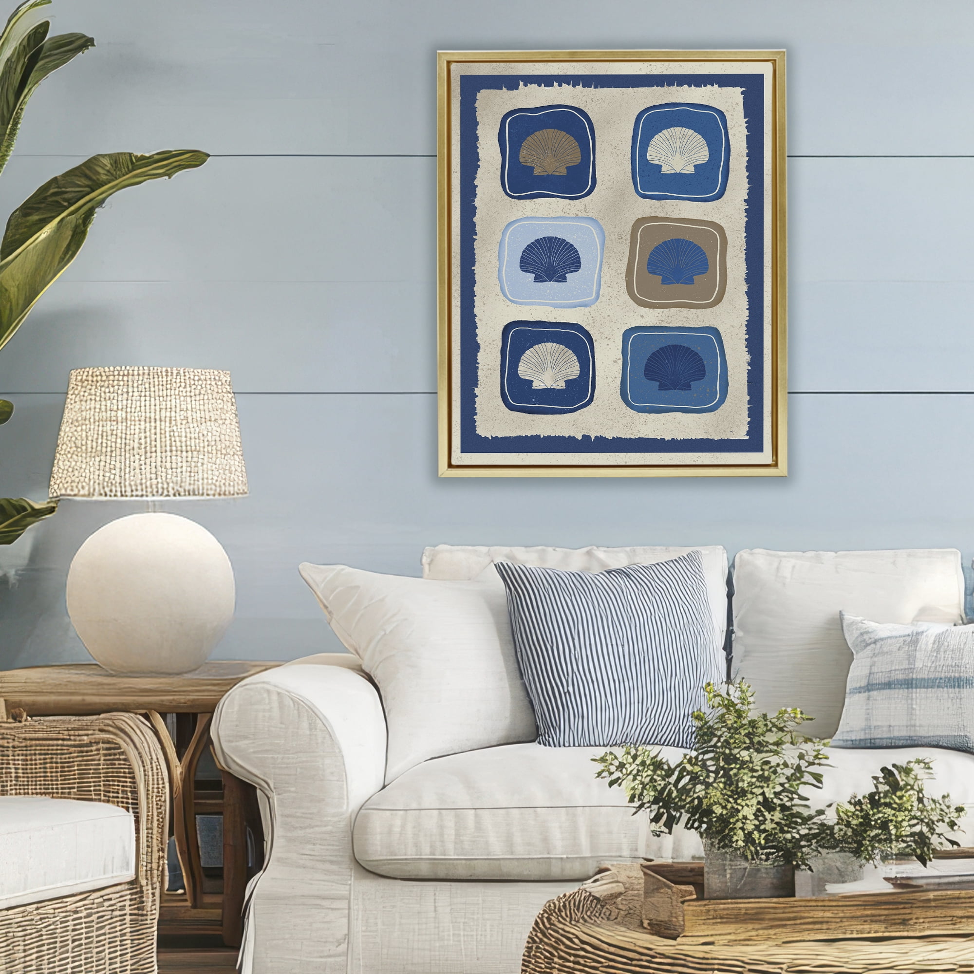 Stupell Industries Nautical Block Shells Gold Framed Floater Canvas Wall Art, design by Julia Frost
