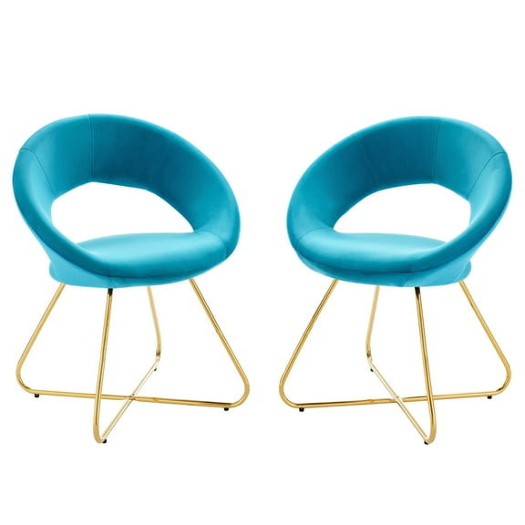 Side Dining Chair, Set of 2, Gold Blue, Velvet, Modern Contemporary, Kitchen Room Cafe Bistro Restaurant Hospitality