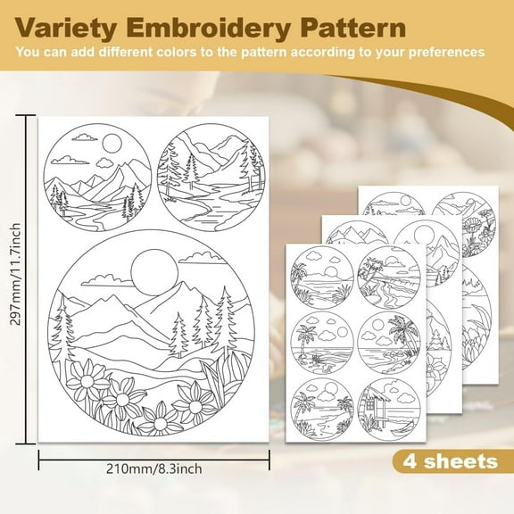 15pcs Natural Scenery Embroidery Kit 8.3"x11.7" Soluble Stick & Stitch Embroidery Stickers 4 Sheets Mountain Sunset Water Hand Sewing DIY Embroidery Paper