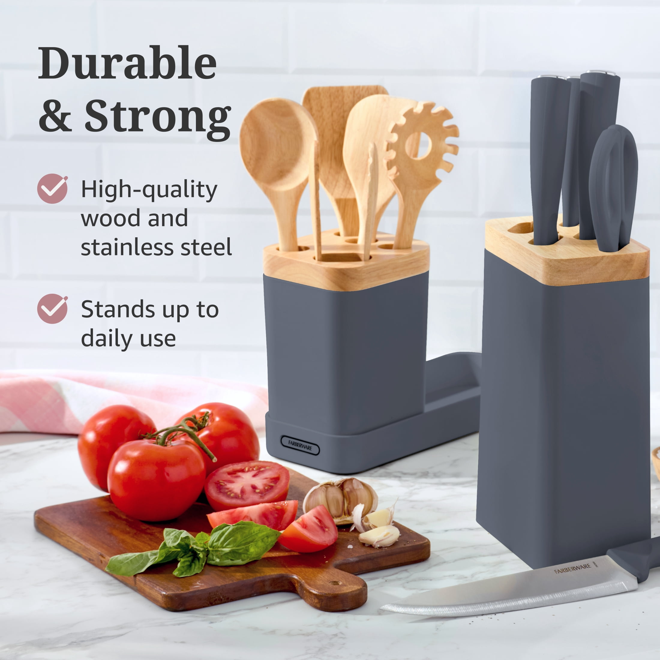 Farberware Professional Wood Kitchen Utensil and Knife Set with Counter Storage Smoke, 13-Piece