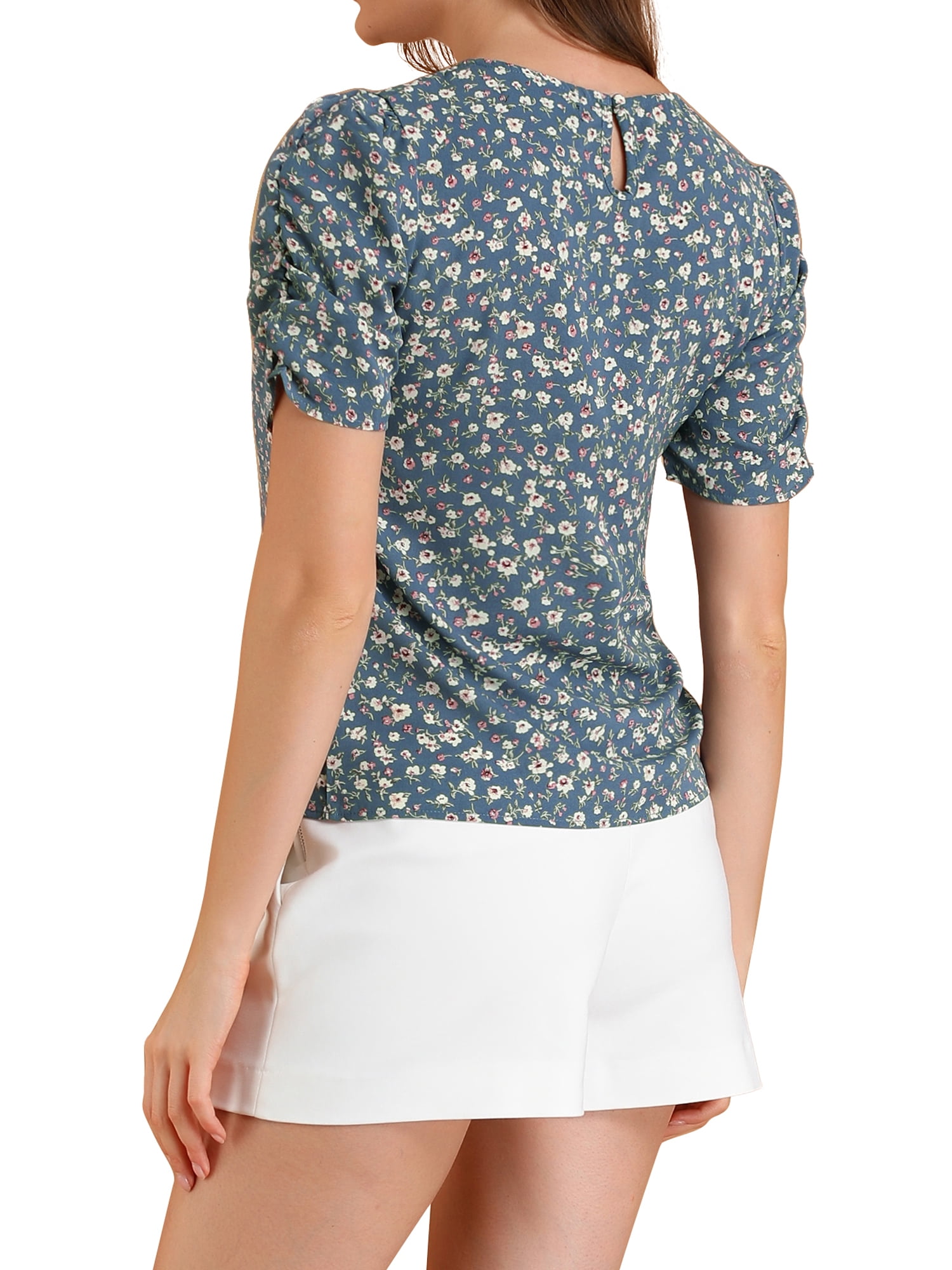 DARING DIVA Floral Crew Neck Shirred Short Sleeve Casual Top XL Blue