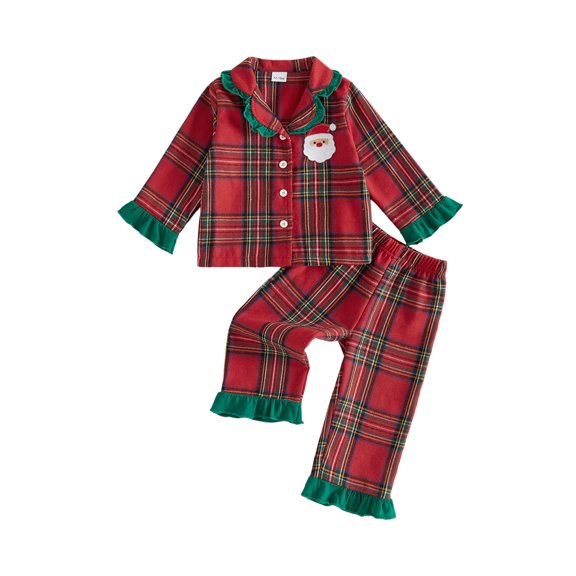 Cjfdfy Toddler Baby Girl Boy Christmas Fall Pajamas Santa Applique Long Sleeve Lapel Plaid Ruffle Trim Shirt And Pants Set Little Baby Cute My First Christmas Holiday Sleepwear 1-6Y