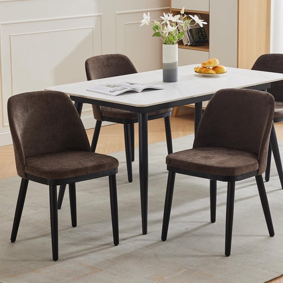 Modern Dining Chair Set of 2, Linen Upholstered Kitchen Chair, Beige Dining Room Chair with Curved Back, Sold Wood Legs, Accent Chair for Kitchen, Dining Room, Living Room, Brown
