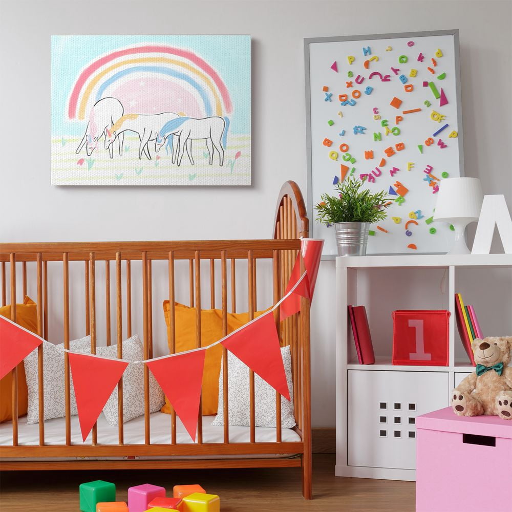 Stupell Industries Unicorns Grazing Rainbow Floral Field Kid's Illustration Canvas Wall Art Design by Daphne Polselli, 30" x 40"