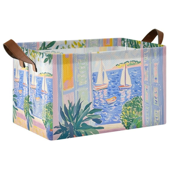 Yayeee Foldable Storage Basket for Shelves with Handles Waterproof Cloth Bins, Seaside Boat