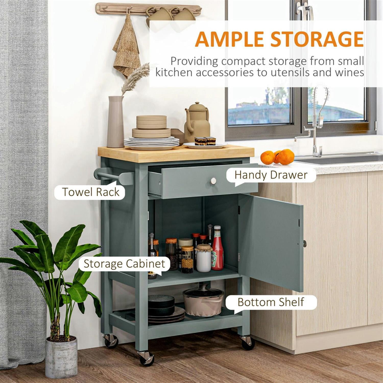 Demi Bonn Kitchen Island Cart on Wheels with Storage, Rolling Dining Room Serving Utility Carts Mobile Movable with Rubberwood Top and Drawer, Gray