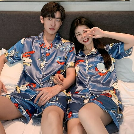 

PIKADINGNIS Young Lover Pajamas Fake Silk Women Short Sleeve Summer Man Pyjama Loose Men Couple Pijama Set Soft Sleepwear Shirt