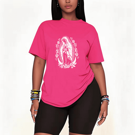 Womens 2 Piece Oversized Lounge Outfit Casual Summer Sets Mother of Jesus Graphic Virgin Mary Printed Crew Neck T-Shirt and Short Matching Clothing Set-Pink-2XL