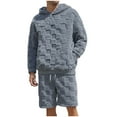 thumbnail image 2 of Yusimy Men's Solid Color 2-Piece Fuzzy Hoodie Short Set Long Sleeve Elastic Waistband Drawstring Casual Warm, 2 of 9