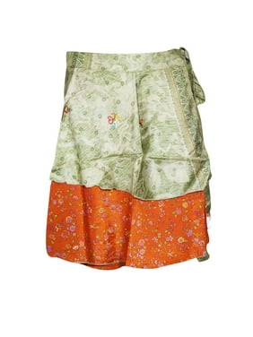 Mogul Womens Vintage Short Wrap Skirt Silk Sari Magic Wrap Wraparound Mini Skirts