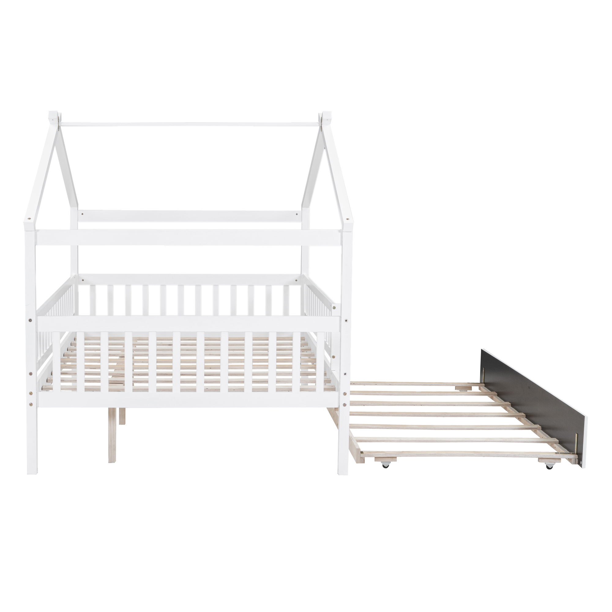 Euroco Full Size House Bed with Trundle, Canopy Low Profile Bed for Kids, White