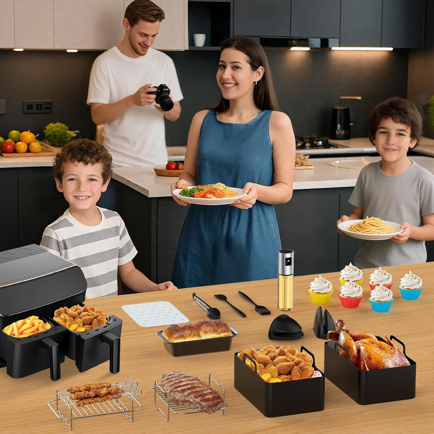 18-Piece Air Fryer Accessories Set | Dual Silicone Inserts for Simultaneous Cooking | 304 Stainless Steel, Dishwasher Safe | Compatible with Ninja, Philips, Princess 7.6L-9.5L Air Fryers