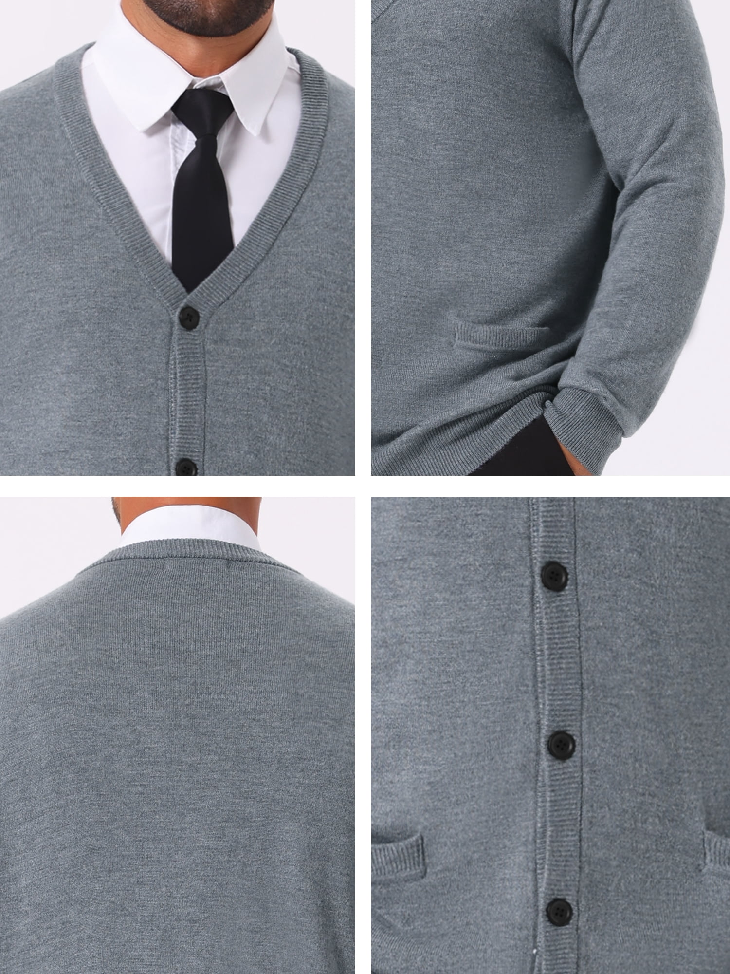 DARING DIVA Men's V Neck Long Sleeved Button Down Knit Sweater with Pockets M Light Gray