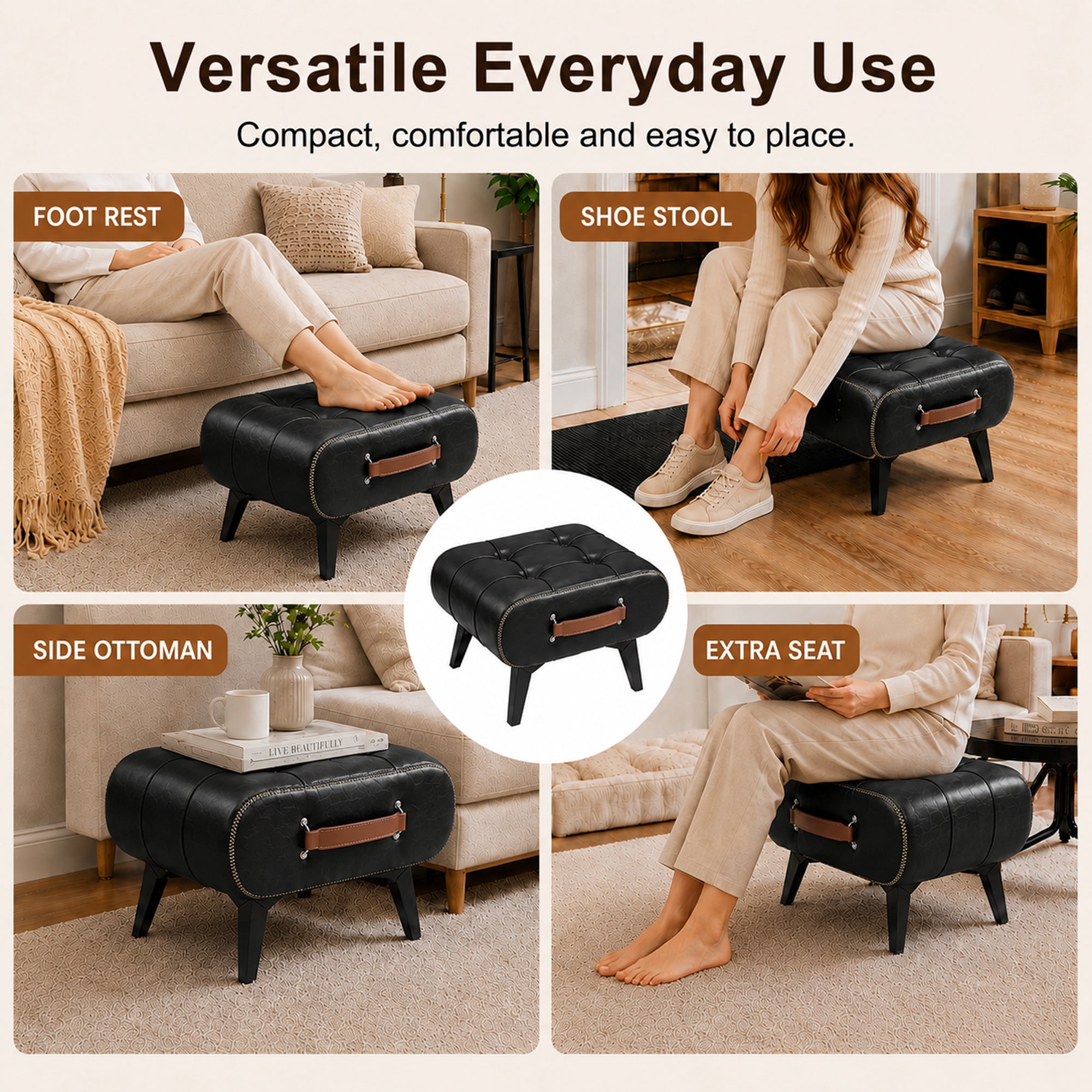 Leumius Modern Leather Stool with Hidden Storage,Portable Handles & Metal Legs,Square Footrest for Living Room,Black