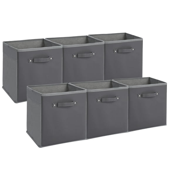 6-Pack 11 Inch Foldable Fabric Storage Bins with Faux Leather Handles, Cube Organizer Boxes for Shelves, Closet, Clothes & Toys, Gray