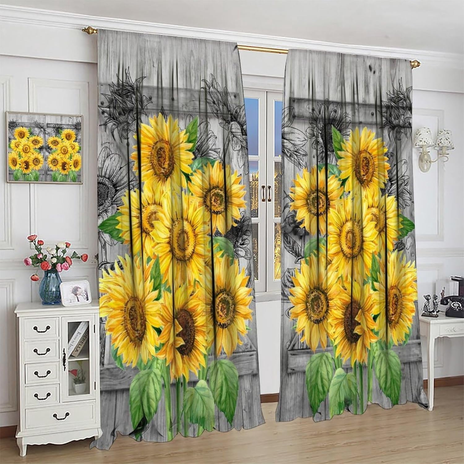Yellow Sunflowers Curtains, Vintage Rustic Wooden Barn Door Sunshine Greenery Sunshine Floral Blackout Windows Treatments, Thermal Insulated Drapes For Girls Living Room Bedroom Kitchen 42x63in