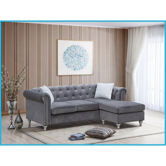 Gray Velvet Sofa Chaise – 82” Wide Sophisticated Living Room Piece with Faux Jewel Tufting