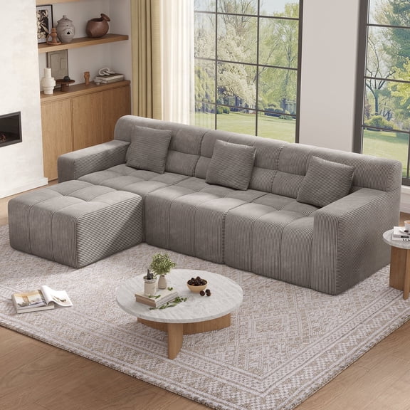 COPIAE 113.4" Cloud Modular Sofa with Ottoman, Deep-Seat Boneless Couch, Plush Corduroy Upholstery, High-Back Support Sofas for Living Room, No Assembly Required, Light Gray