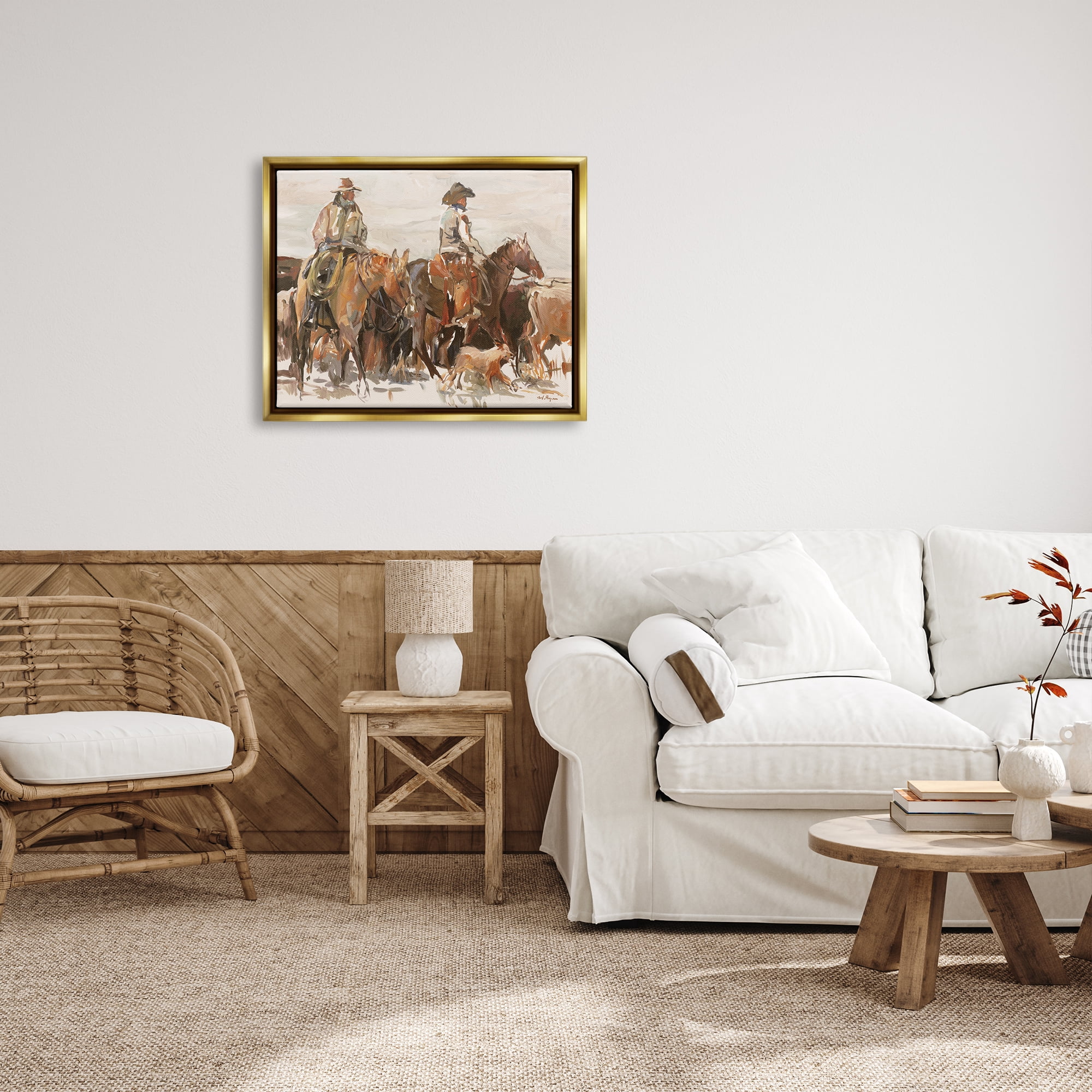 Stupell Industries Cowboys And Horses Farm Western Painting Metallic Gold Framed Floating Canvas Wall Art, 24x30, by Marilyn Hageman