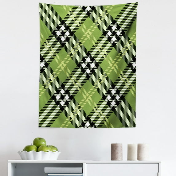 Checkered Tapestry, Classical Celtic Pattern Symmetrical Stripes and Squares Print, Fabric Wall Hanging Decor for Bedroom Living Room Dorm, 5 Sizes, Pale Yellow Fern Green, by Ambesonne