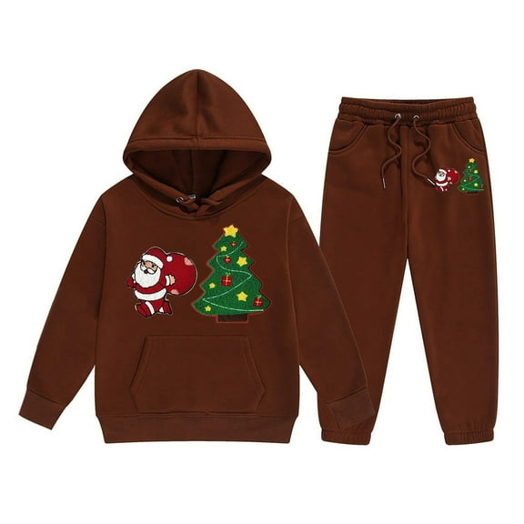 FYEGRE Festive Holiday Print Girls Long Sleeve Hooded Sweater and Pants Outfit Set with Letter Design for Toddler and Youth Sizes Brown 6-7 Years